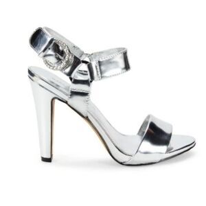 NWT Karl Lagerfeld Cieone Metallic Silver Lame Strappy Heel Sandal Size 7.5 9